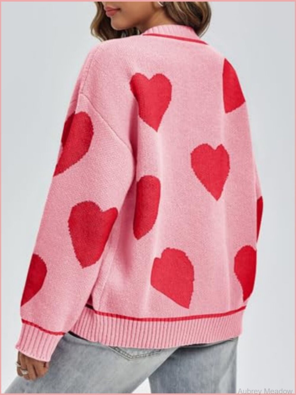 Women's Chunky Knit Heart Cardigan Sweater Crewneck Long Sleeve Button Down - Picture 5 of 6